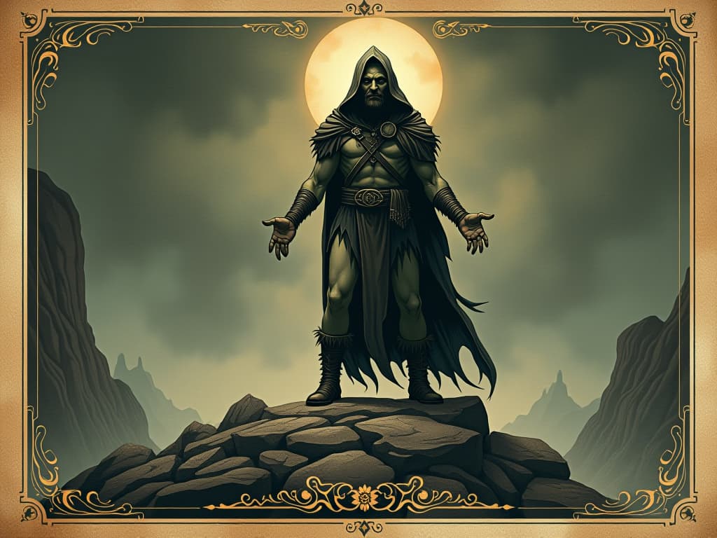  figure with a firm stance on a rocky terrain, stable and grounded, aura of resilience, strong resolve reflected in their eyes, rugged and determined. an illustration in the style of a worn, mystical old tarot trump card, mysterious and elements of surrealism. the colors are muted, somber and eerie, but with contrast bring out an occult and esoteric vibe.