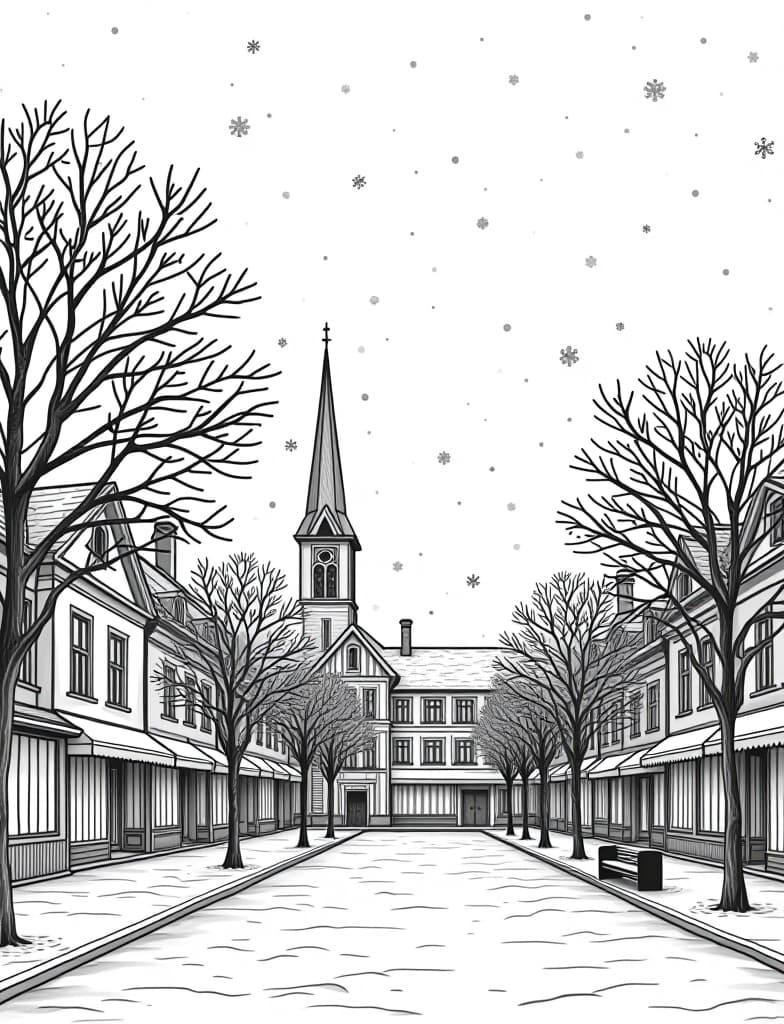  this is for an adult coloring page. a detailed black and white line art of a snowy snowflakes falling gently over a quiet town square on a solid white background.