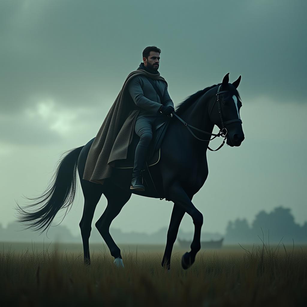  a man riding a black horse. hyperrealistic, full body, detailed clothing, highly detailed, cinematic lighting, stunningly beautiful, intricate, sharp focus, f/1. 8, 85mm, (centered image composition), (professionally color graded), ((bright soft diffused light)), volumetric fog, trending on instagram, trending on tumblr, HDR 4K, 8K