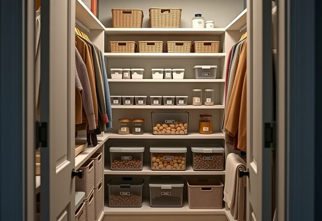  a landscape photo of an organized small kitchen pantry with clear containers, labeled baskets, and tiered shelving, showcasing efficient use of vertical space hyperrealistic, full body, detailed clothing, highly detailed, cinematic lighting, stunningly beautiful, intricate, sharp focus, f/1. 8, 85mm, (centered image composition), (professionally color graded), ((bright soft diffused light)), volumetric fog, trending on instagram, trending on tumblr, HDR 4K, 8K