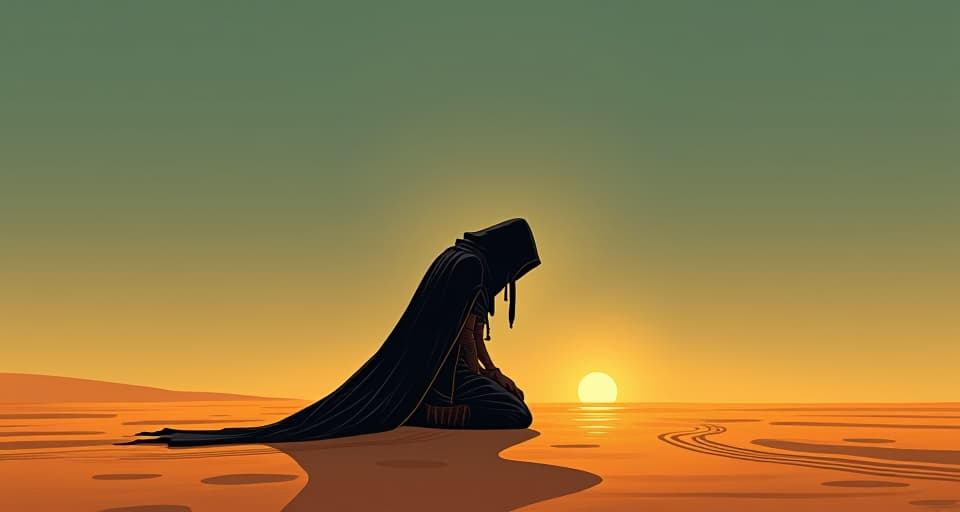  a vast, empty desert with a solitary figure, head bowed, in traditional egyptian garb, kneeling on the sand, heavy shadows around, symbolizing profound loss. the style is digital art illustration / modern comic book / mysterious occult, symbolic, esoteric vibe,high detail on character design, incorporating ancient egyptian symbology and attire.