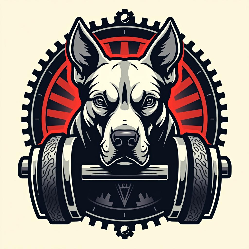  design a logo, logo mécanique avec pitbull qui mord un piston