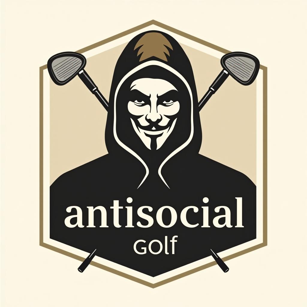  design a logo, es sollte ein anonymer, abstrakter mann mit einer kaputze sein, darüber 2 golfschläger gekreuzt , with the text 'antisocial golf '.