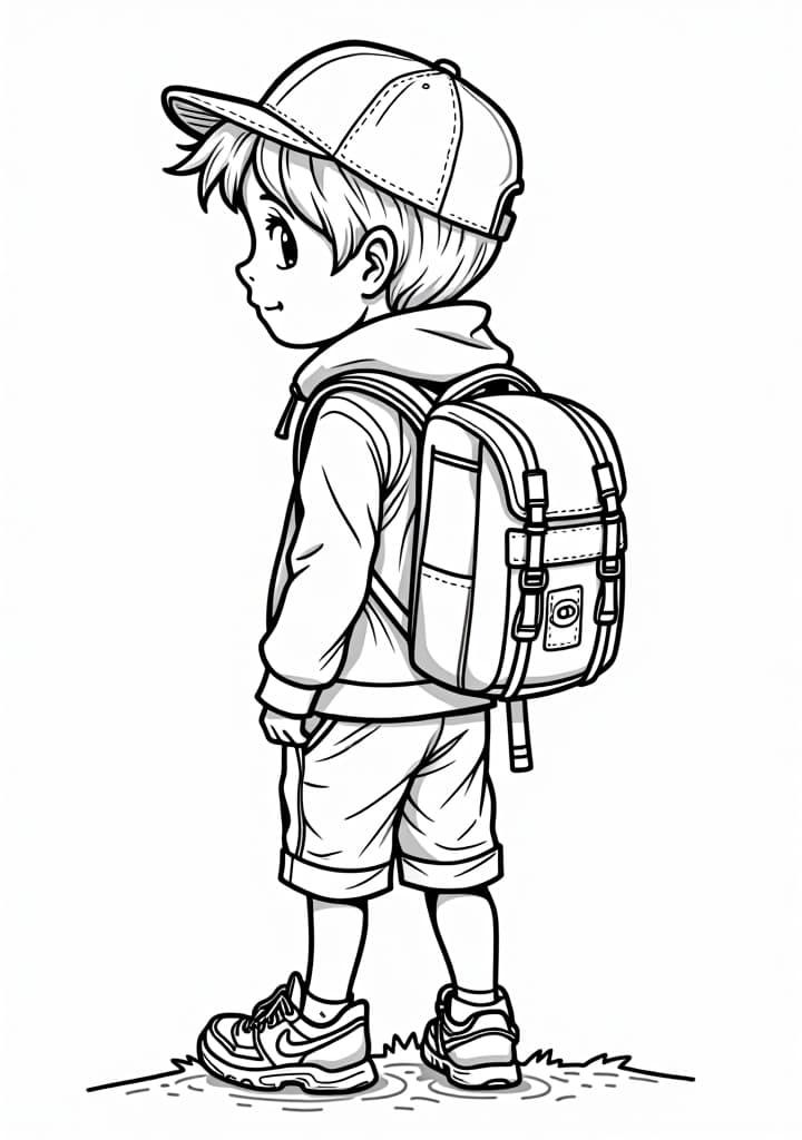  a coloring book page, white background, showing a cute boy wearing a travel backpack, dressed in sporty clotheshyper detail, intricate details, sharp focus, high resolution, 8k, ultra detailed, vib