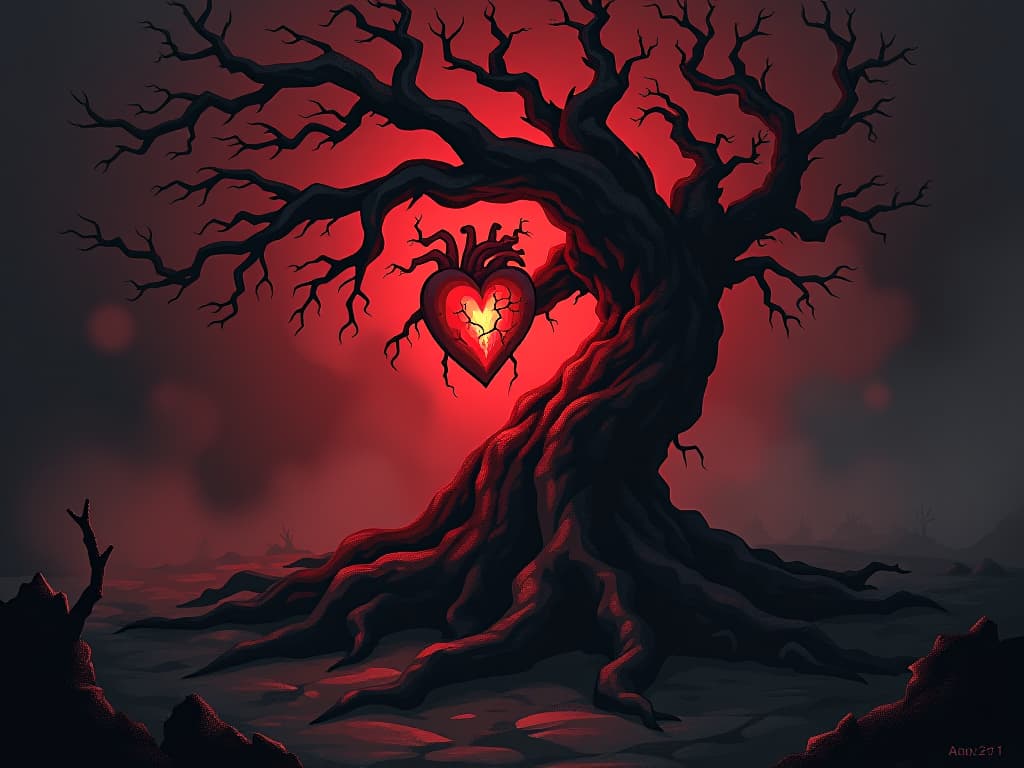  a twisting and gnarly tree with roots entangled around a glowing heart, emanating a painful red aura, barren landscape, sharp thorns protruding from the roots.. the style is dark fantasy and mysterious occult, symbolic, moody lighting, esoteric vibe,high detail on character design. for the color scheme emphasize blacks and reds.