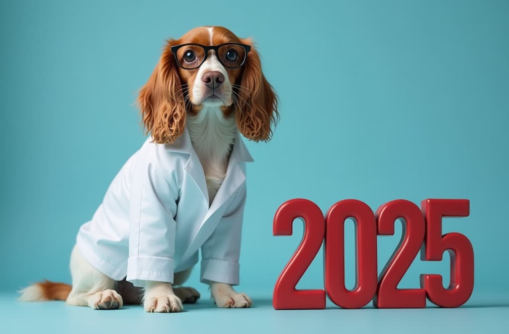  professional detailed photography, spaniel dog in white medical coat and glasses sits next to small letters “2025” in shiny red color, transparent blue background , (muted colors, dim colors, soothing tones), (vsco:0.3)