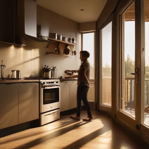 A photo of a skilled artisan expertly installing a modern electric stove in a cozy kitchen during the late afternoon, with warm sunlight streaming through the window casting long, dramatic shadows across the room.