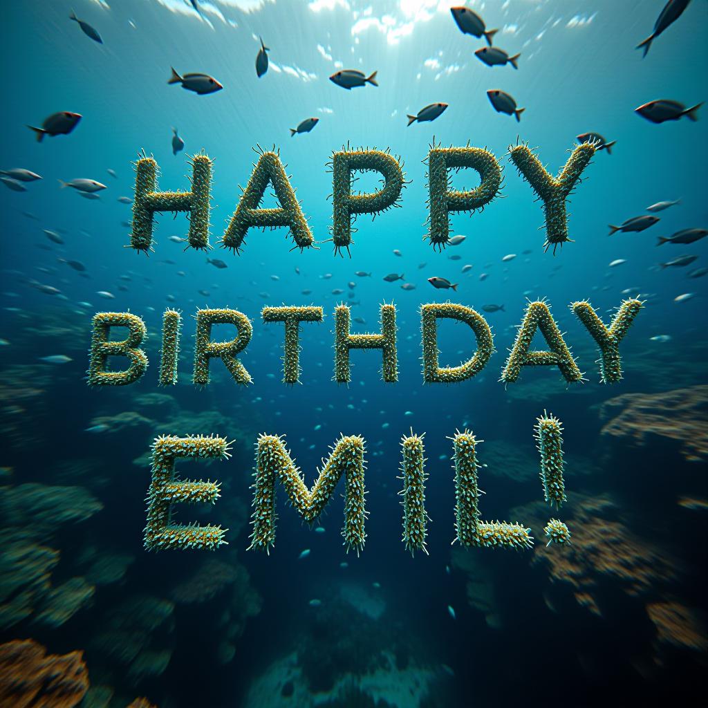  underwater photography style image of "happy birthday emil!" formed by schools of tropical fish against a coral reef backdrop hyperrealistic, full body, detailed clothing, highly detailed, cinematic lighting, stunningly beautiful, intricate, sharp focus, f/1. 8, 85mm, (centered image composition), (professionally color graded), ((bright soft diffused light)), volumetric fog, trending on instagram, trending on tumblr, HDR 4K, 8K