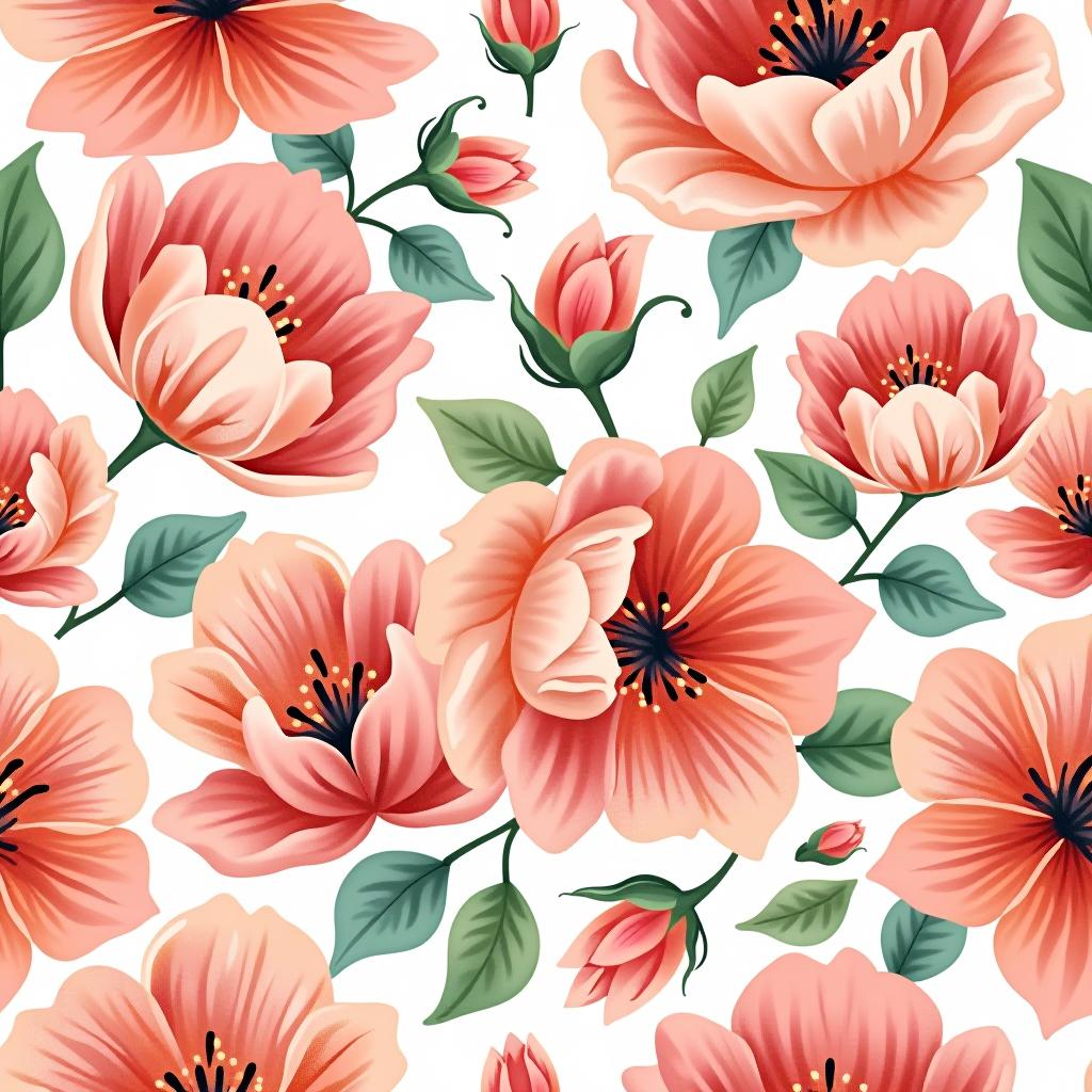  create a seamless digital design featuring a pattern of large, beautiful flowers with soft, watercolor like effects. the flowers should cover the entire surface, creating a bold, elegant, and continuous look. the overall style should be light and airy, with delicate leaves and petals to enhance the natural, floral theme. the design should be seamless to ensure it can be used in repeating patterns or wraps.