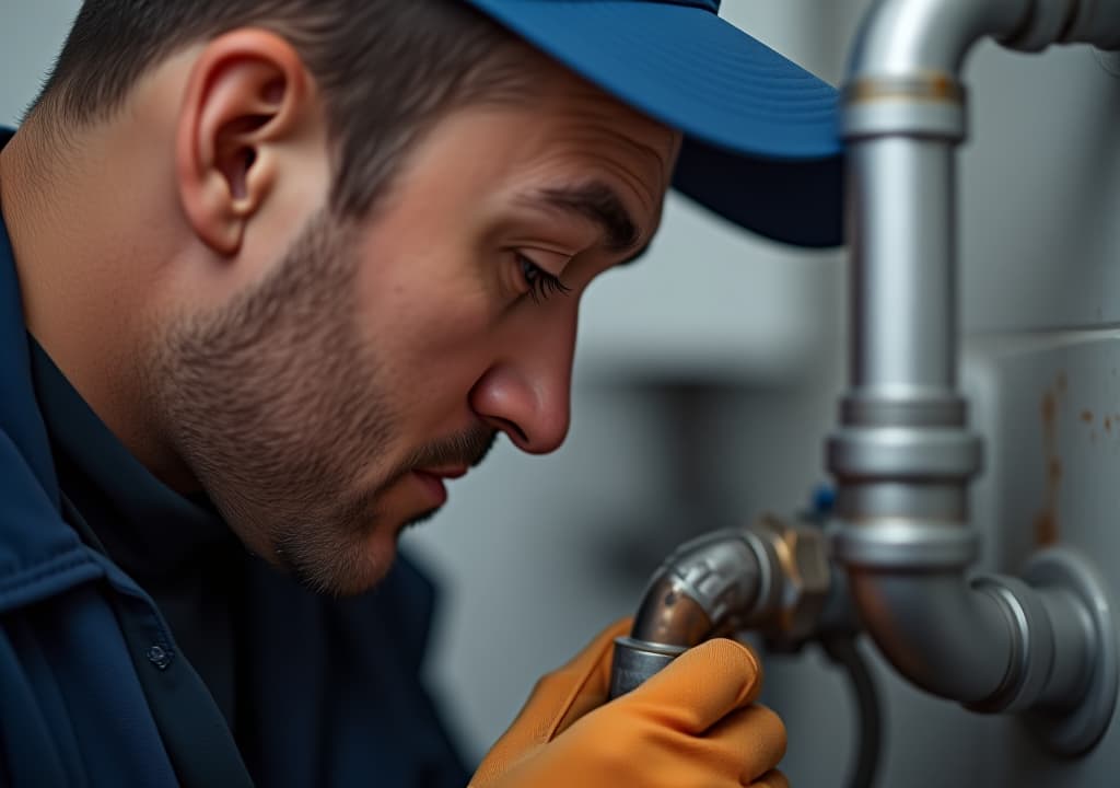  close up of a focused plumber working on pipes