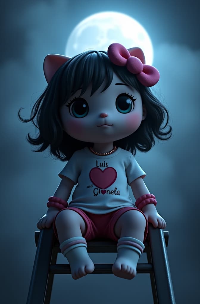  hello kitty with a shirt that says luis and gianela inside a heart, bracelets on her wrists, a necklace with a heart, pink bows on her ears, wavy black hair that reaches her neck. sitting on a ladder and wearing shorts. looking at the full moon hyperrealistic, full body, detailed clothing, highly detailed, cinematic lighting, stunningly beautiful, intricate, sharp focus, f/1. 8, 85mm, (centered image composition), (professionally color graded), ((bright soft diffused light)), volumetric fog, trending on instagram, trending on tumblr, HDR 4K, 8K