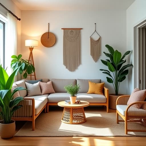  a cozy boho living room filled with natural elements like rattan furniture, macramé wall hangings, and plenty of lush green plants.