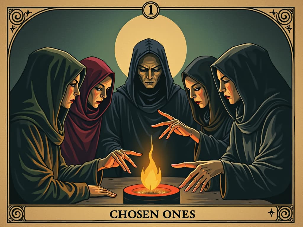  group of chosen ones, diverse individuals, subtle illumination, supportive atmosphere, understanding glances, shared vision, united purpose, collective strength. an illustration in the style of a worn, mystical old tarot trump card, mysterious and elements of surrealism. the colors are muted, somber and eerie, but with contrast bring out an occult and esoteric vibe.