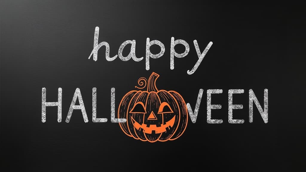  on a black board, a pumpkin with a cut out face is drawn in white chalk between the letters “happy halloween” ar 16:9 {prompt}, maximum details