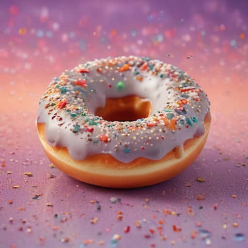 A smiling donut with colorful, abstract sprinkles against a surreal, dreamlike backdrop.