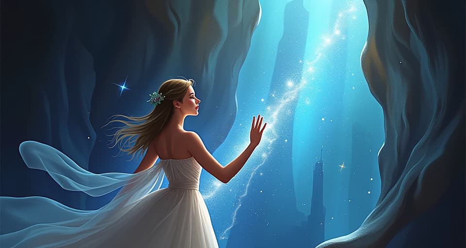  ethereal being scaling a sparkling, enchanted wall, transcendent light. breaking free from constraints atmosphere.. the style is digital art illustration,highly detailed, whimsical,magical, dreamlike atmosphere, realism and fantasy blend, smooth, glossy textures,luminous quality, wonder and enchantment.