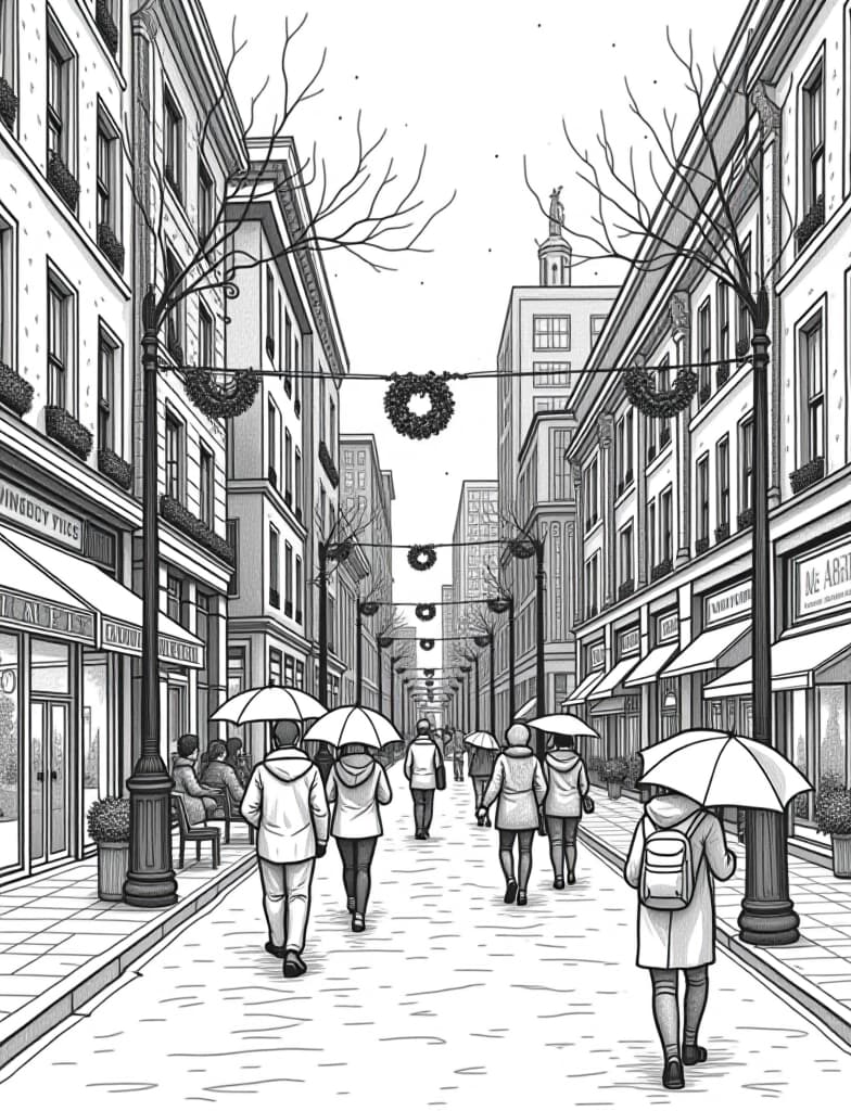  this is for an adult coloring page. a detailed black and white line art of a snowy snowy cityscape with people walking under umbrellas and holiday decorations on a solid white background.