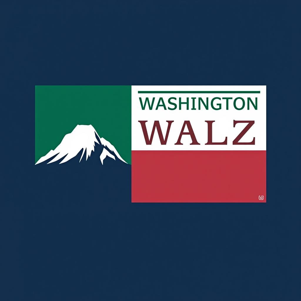  a tshirt design inspired by the washington state flag. the left side features a green vertical stripe with a large mountain in the center. the right side is divided into two horizontal sections: the top section is white with the text 'washington for' in bold, green, uppercase letters, and the bottom section is red with the text 'harris walz 2024' in bold, white, uppercase letters. the overall layout is clean and straightforward, with a clear and patriotic color scheme of blue, white, and red.