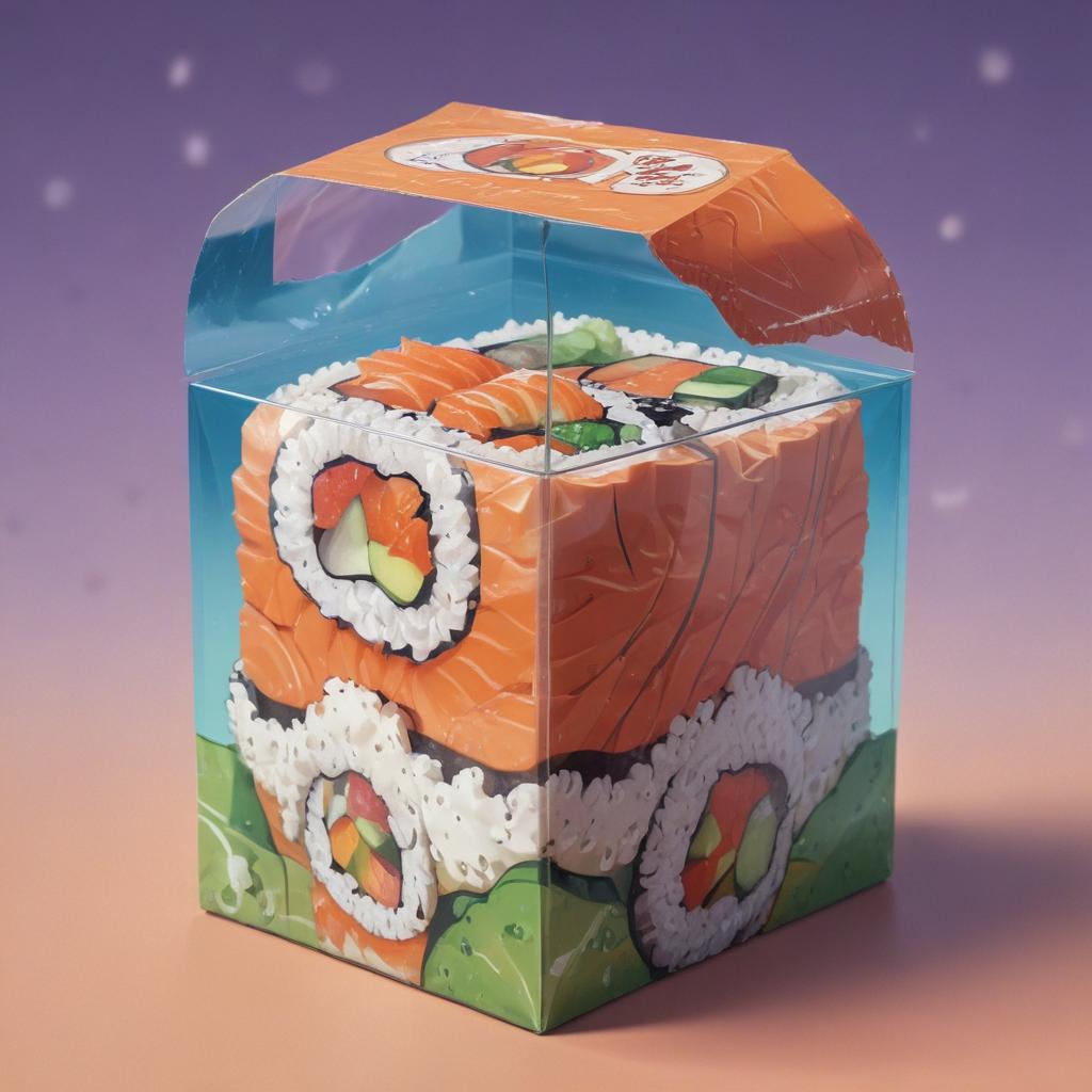 distance-shot, flashy, full-body, dynamic, holographic, animated cartoon poster of a take-out box of sushi in the style of dragon ball super