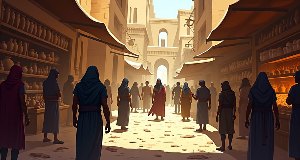  a chaotic marketplace in an ancient city, people bustling around, merchants arguing, cluttered stalls, and broken pottery, sense of disarray and a frantic scramble to make sense of life. the style is digital art illustration / modern comic book / mysterious occult, symbolic, esoteric vibe,high detail on character design, incorporating ancient egyptian symbology and attire.