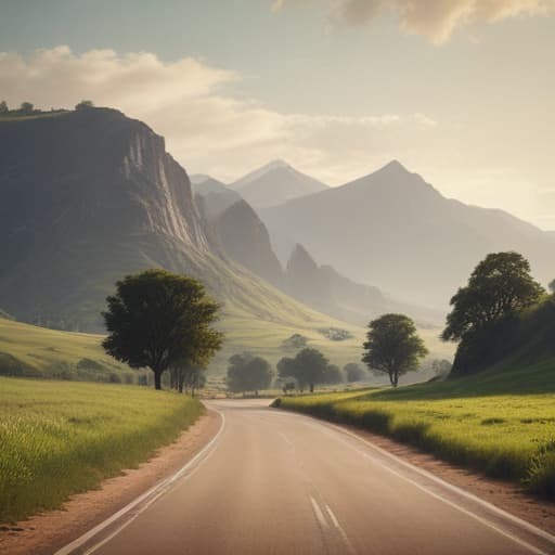 Earth**: Depict a serene landscape with earthy tones and elements like mountains, trees, and fields. Integrate subtle automotive pieces into the scenery, such as a winding road or a sleek car in the distance, symbolizing the harmony between nature and technology.