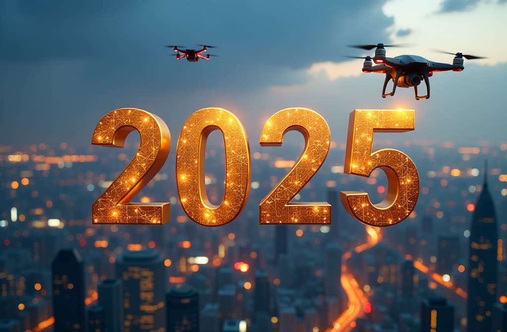  "2025» written in golden letters on a backdrop of flying drones and smart cities, symbolizing technological advancement {prompt}, maximum details