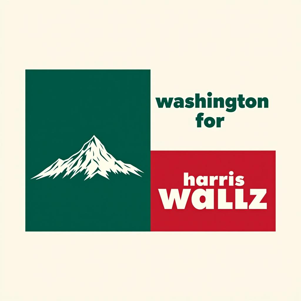  a tshirt design inspired by the washington state flag. the left side features a green vertical stripe with a large mountain in the center. the right side is divided into two horizontal sections: the top section is white with the text 'washington for' in bold, green, uppercase letters, and the bottom section is red with the text 'harris walz' in bold, white, uppercase letters. the overall layout is clean and straightforward, with a clear and patriotic color scheme of blue, white, and red.