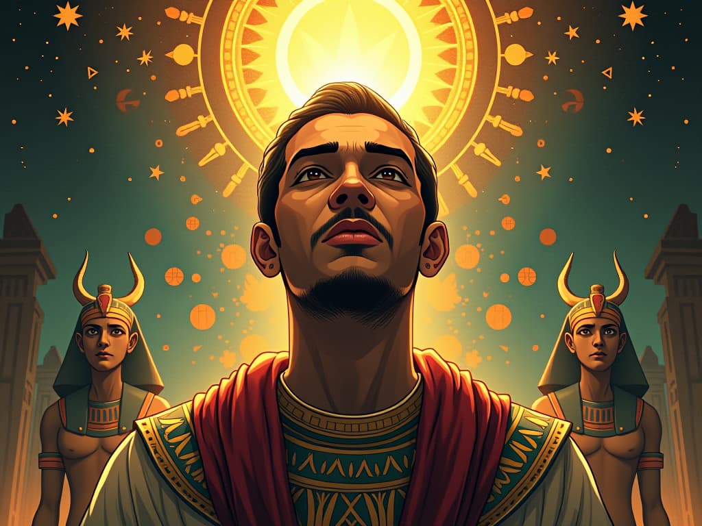  ramanujan's face illuminated by divine light, a look of understanding, surrounded by floating mathematical symbols, presence of ancient deities in the background, symbolizing profound talent and legacy. the style is digital art illustration / modern comic book / mysterious occult, symbolic, esoteric vibe,high detail on character design, incorporating ancient egyptian symbology and attire.