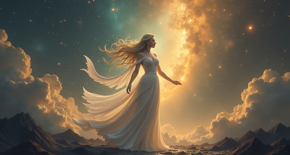  an ethereal figure surrounded by ancient, unseen protective forces, ensuring their success, mood of unstoppable destiny and unseen protection.. the style is digital art illustration,highly detailed, whimsical,magical, dreamlike atmosphere, realism and fantasy blend, smooth, glossy textures,luminous quality, wonder and enchantment.