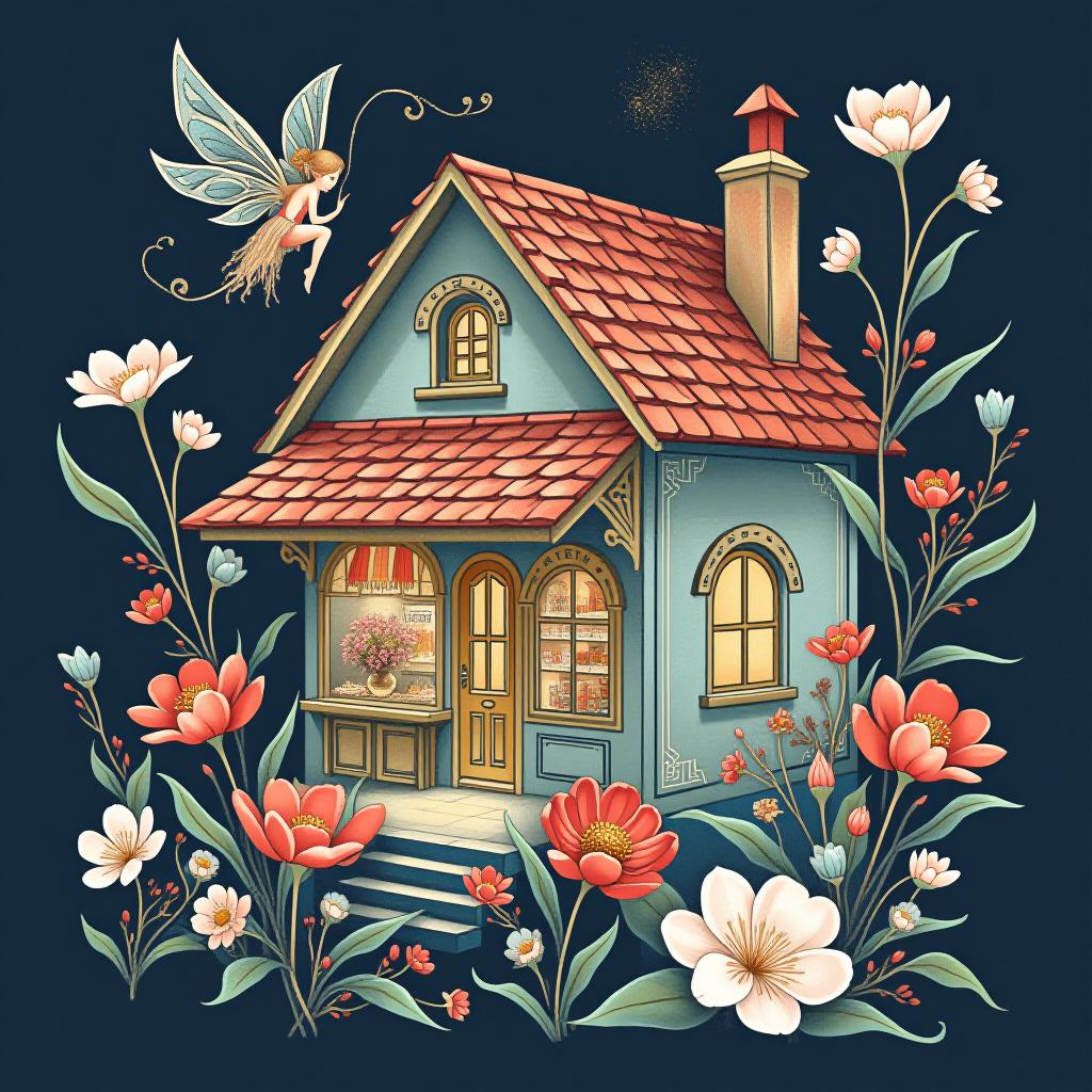  ((flower fairy shop)) ((a small house with a tiled roof and carved windows surrounded by flowers of scarlet, pink, crocus1,5)) ((in the bud of a blossoming flower sits an enchanting fairy and invites customers into her shop. (1,5 fine, fine fractal glitter bright petal line gold ink sketch on dark blue background, (pixie petal silhouette:1,3), bud outline outline, bud outline, pixie fairy leaves with wings. (flower colour):alo pink, white pink, pearl blue, pearl blue, snow white) . (style):fantasy, art design, art deco, advertising, window display, (colours):soft pink, light lavender, white, soft green, all pastel shades.