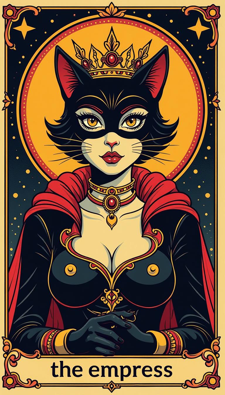  pop art style retro poster, tarot card, catwoman in crown, inscription at the bottom in the frame "the empress" . bright colors, bold outlines, popular culture themes, ironic or kitsch