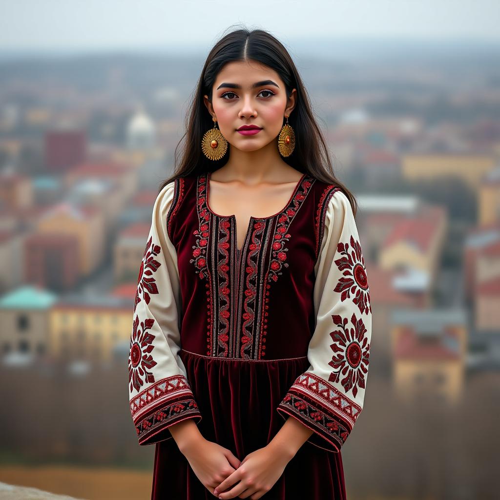  a young woman standing full length. she is wearing a traditional tatar dress, with a fitted velvet vest embroidered with beads. the sleeves of the dress feature tatar embroidery, and she has large golden earrings. her hair is dark in color. the city of kazan is visible around her.