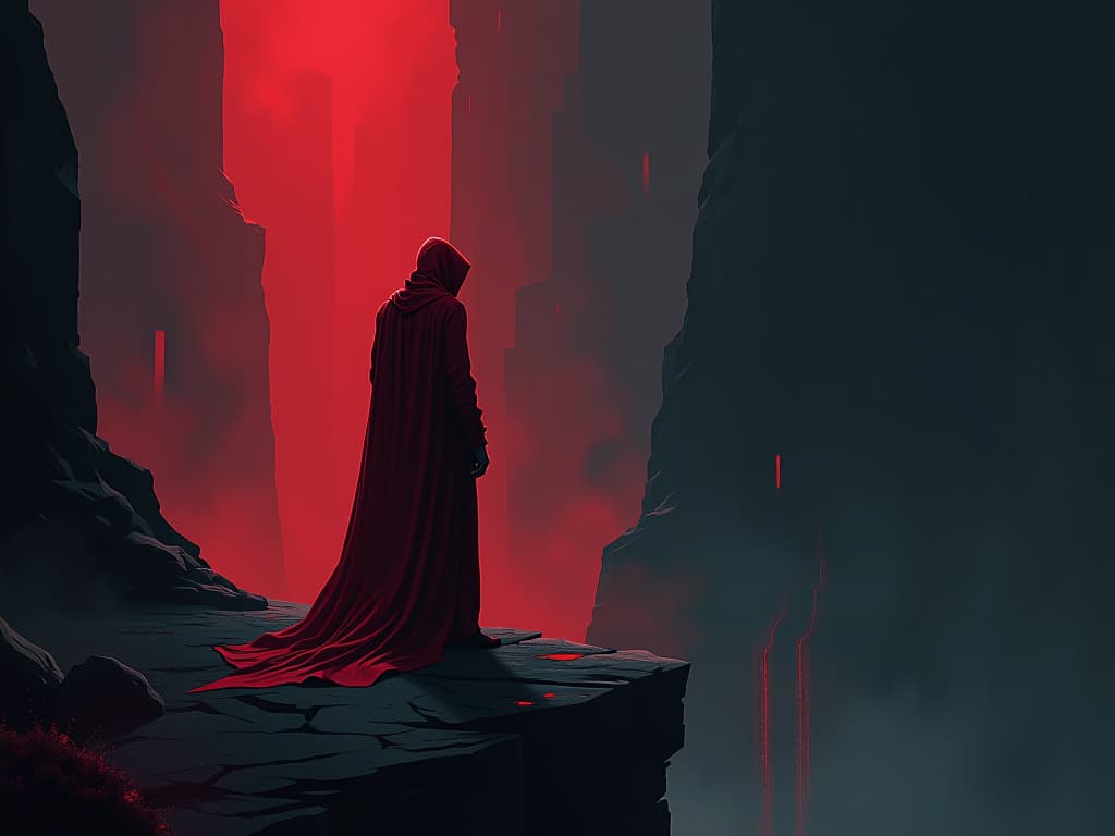  mysterious red robed figure, standing at the edge of an abyss, uncertain light, mood of hesitation. the style is digital art illustration / modern comic book / graphic dark novel fantasy and mysterious occult, symbolic, moody lighting, esoteric vibe,high detail on character design. for the color scheme emphasize blacks and reds.