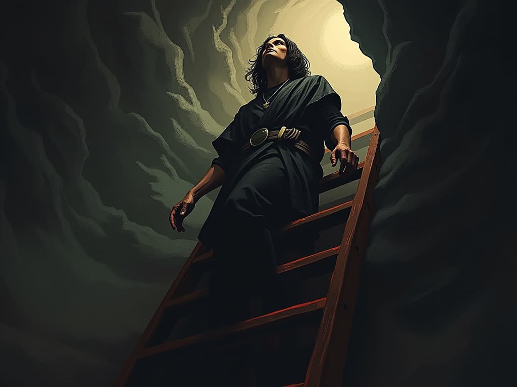  person with a determined expression, climbing a symbolic ladder through shadows, emerging into light, sense of reaching for change.. the style is dark fantasy and mysterious occult, symbolic, moody lighting, esoteric vibe,high detail on character design. for the color scheme emphasize blacks and reds.