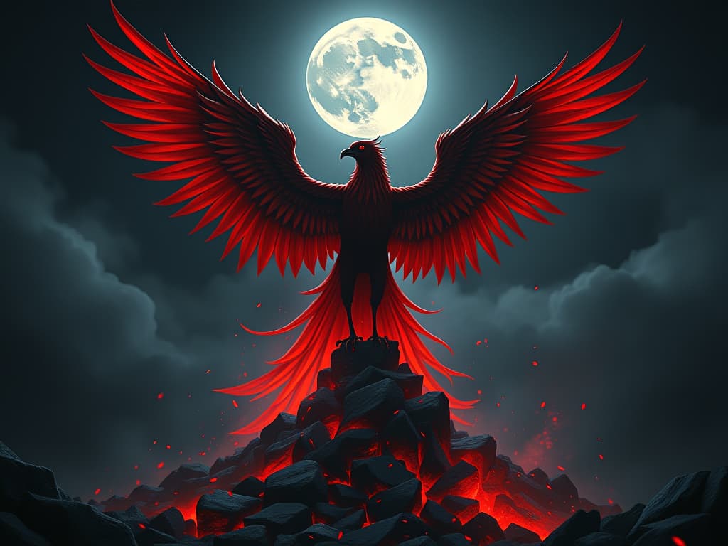  a majestic phoenix rising from ashes, surrounded by symbols of rebirth and renewal, night sky illuminated by a full moon, echoes of transformation.. the style is dark fantasy and mysterious occult, symbolic, moody lighting, esoteric vibe,high detail on character design. for the color scheme emphasize blacks and reds.