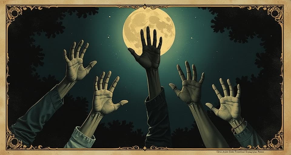  shadowy hands reaching up from below, unsuccessful in their grasp, falling into darkness, futile, desperate. an illustration in the style of a worn, mystical old tarot trump card, mysterious and elements of surrealism. the colors are muted, somber and eerie, but with contrast bring out an occult and esoteric vibe.