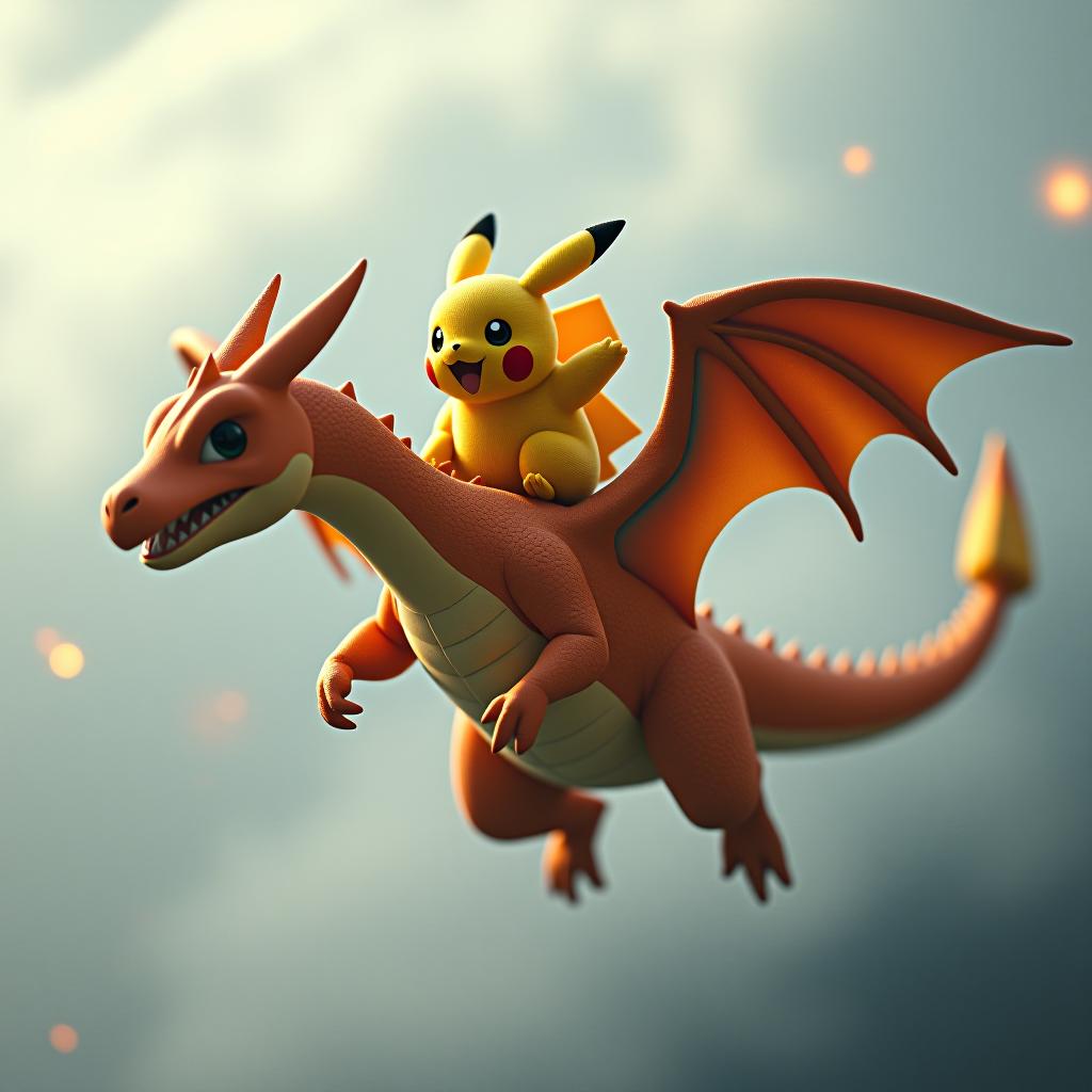  pikachu on the back of charizard flying in the skies hyperrealistic, full body, detailed clothing, highly detailed, cinematic lighting, stunningly beautiful, intricate, sharp focus, f/1. 8, 85mm, (centered image composition), (professionally color graded), ((bright soft diffused light)), volumetric fog, trending on instagram, trending on tumblr, HDR 4K, 8K