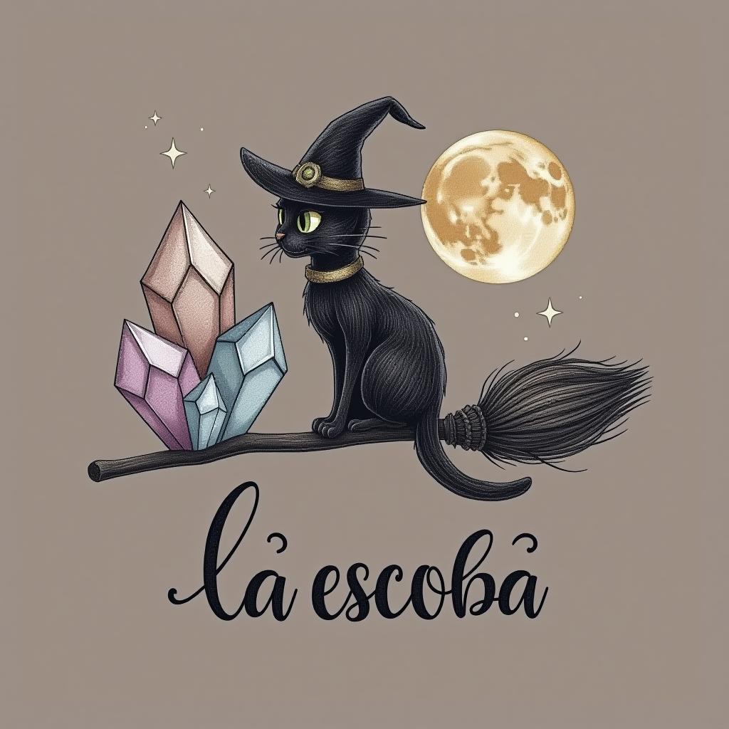  design a logo, in a pencil style. witchy, cat silhouette on broom, crystals, moon , with the text 'la escoba '.