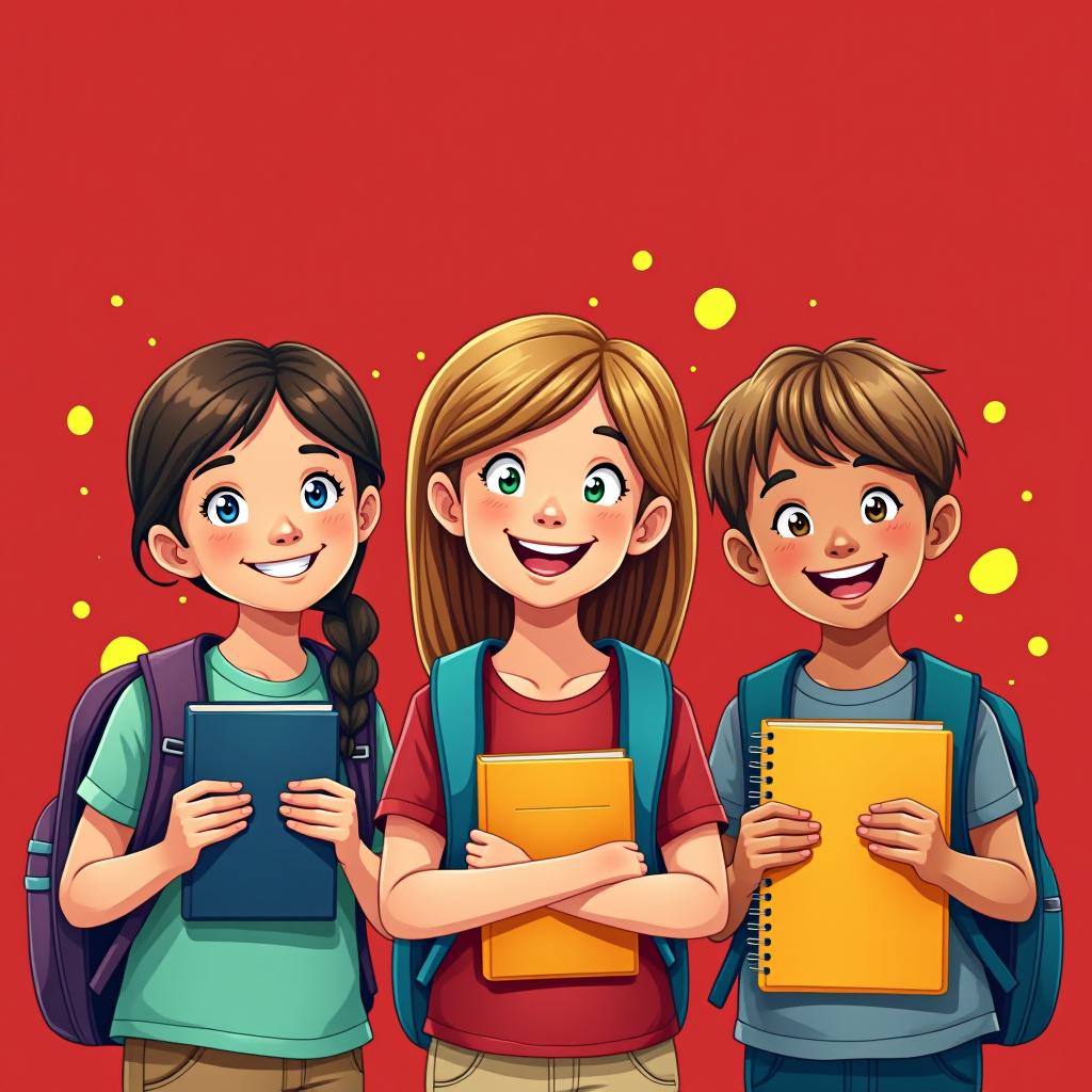  joyful happy children of european descent, aged 7 13, with backpacks, notebooks, and english language textbooks, against a red blue background with yellow splashes.