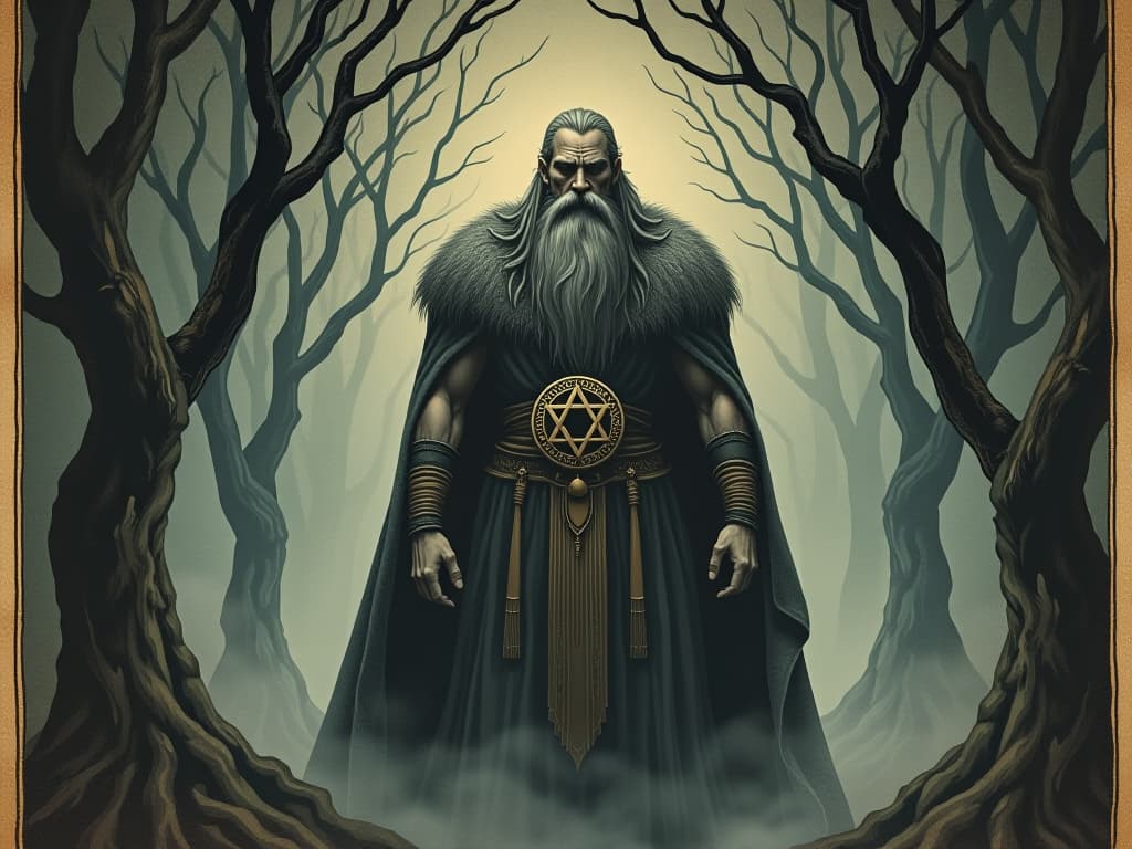  norse god odin, central figure, rugged and imposing, one eye closed, detailed valknut symbol around his neck, standing amid ancient, twisted trees, mist swirling around him, ancient, mystical, powerful. an illustration in the style of a worn, mystical old tarot trump card, mysterious and elements of surrealism. the colors are muted, somber and eerie, but with contrast bring out an occult and esoteric vibe.