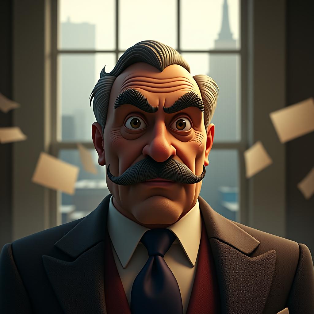  create a high quality, photorealistic image that vividly depicts the following scene: 'highly detailed portrayal of a well known walt disney character, visibly being let go from his job yet displaying a fierce sense of resolve in his expression. deep set lines indicating trials and tribulations adorn his face, an iconic mustache sits atop his lips and he dons attire reminiscent of the 1920s. the background is an office environment, littered with rejection notes, with muted lighting that amplifies the pervading sense of setback and struggle. through a window, the traditional cityscape suggests the possibility of a brighter tomorrow. the photograph is emotionally charged, moving, and highlights his steadfast expression. the image capture hyperrealistic, full body, detailed clothing, highly detailed, cinematic lighting, stunningly beautiful, intricate, sharp focus, f/1. 8, 85mm, (centered image composition), (professionally color graded), ((bright soft diffused light)), volumetric fog, trending on instagram, trending on tumblr, HDR 4K, 8K