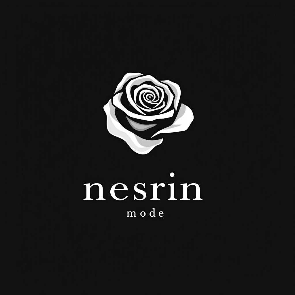  design a logo, erstelle mir ein logo für ein kleider laden elegant schwarz und weiss mit dem namen und eine rose über das bild , with the text 'nesrin mode '.