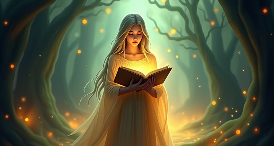  an ethereal figure in flowing, translucent robes, standing in a glowing, enchanted forest. the figure holds an ancient, intricate book open, its pages glowing softly. surrounding them, magical light orbs float gently, symbolizing divine wisdom and understanding.. the style is digital art illustration,highly detailed, whimsical,magical, dreamlike atmosphere, realism and fantasy blend, smooth, glossy textures,luminous quality, wonder and enchantment.