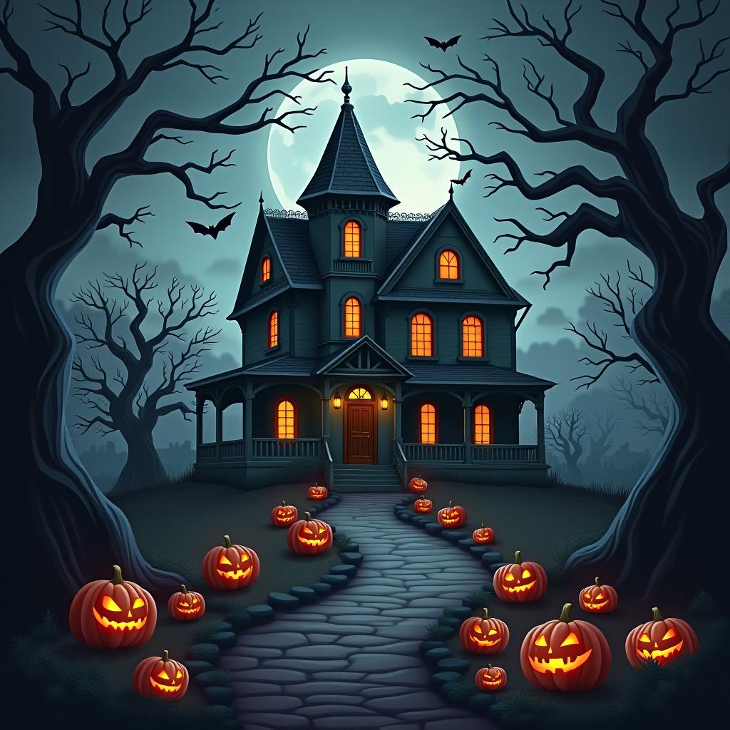  create a seamless digital painting of a spooky, halloween themed scene featuring a haunted house with gothic architecture. the house should be surrounded by twisted, gnarled trees and a multitude of jack o' lanterns. the scene should include a dark, cloudy sky to enhance the eerie atmosphere. the overall style should be detailed and atmospheric, capturing the essence of a haunted, creepy environment perfect for halloween, ensuring the design is seamless for use in repeating patterns or wraps.