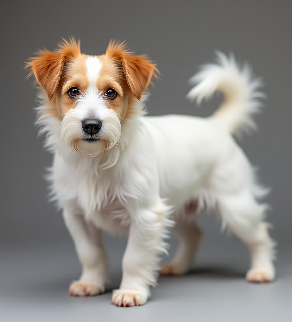  all white medium jack russell terrier dog with wavy hair and droopy ears full body with long hairy tail