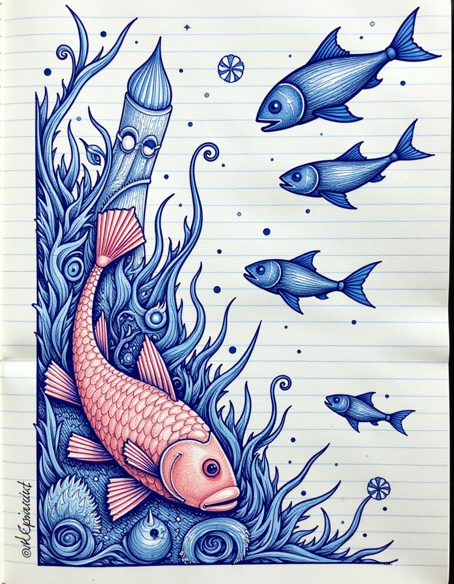  (masterpiece, high resolution, hand drawn ilration:1.3), surreal collage, (blue ballpoint pen:1.2), whimsical doodles, (red mullet:1.4) in the lower left corner, vint scales, intricate fin details, (running sackariks:1.3) in the upper right corner, dynamic movement, exaggerated features, (zyuzyulya:1.2) in the center, and abstract form, blending into the surreal scene, drawing on a notebook, lined paper texture, (monochromatic art:1.1), deep blues and rich blacks, dreamlike atmosphere, flowing lines, imaginative composition, filled with quirky charm, energy.