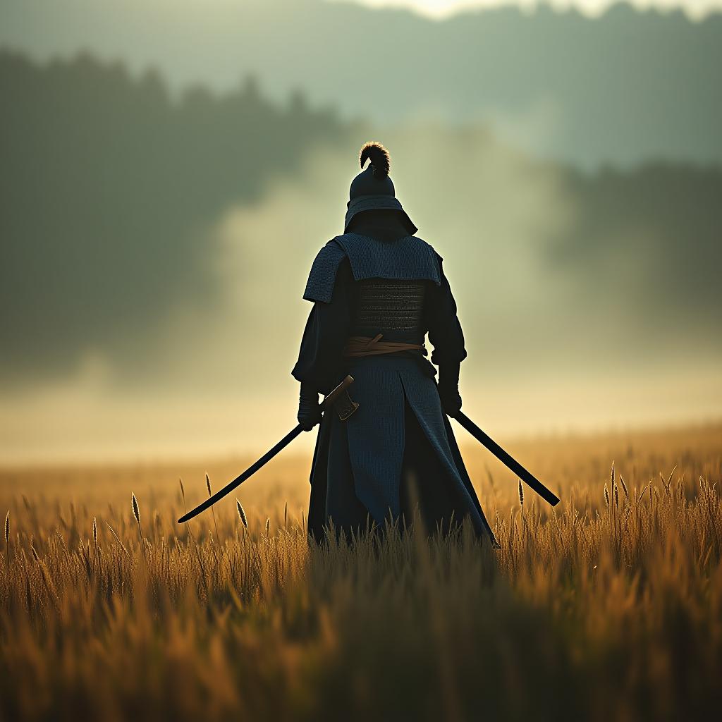  single samurai in a field that goes to its end hyperrealistic, full body, detailed clothing, highly detailed, cinematic lighting, stunningly beautiful, intricate, sharp focus, f/1. 8, 85mm, (centered image composition), (professionally color graded), ((bright soft diffused light)), volumetric fog, trending on instagram, trending on tumblr, HDR 4K, 8K