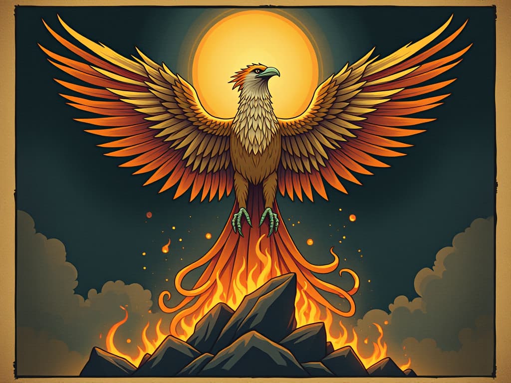  a majestic phoenix rising from ashes, surrounded by an aura of light, feathers glistening with iridescent colors, powerful ascension, rebirth, empowerment. an illustration in the style of a worn, mystical old tarot trump card, mysterious and elements of surrealism. the colors are muted, somber and eerie, but with contrast bring out an occult and esoteric vibe.