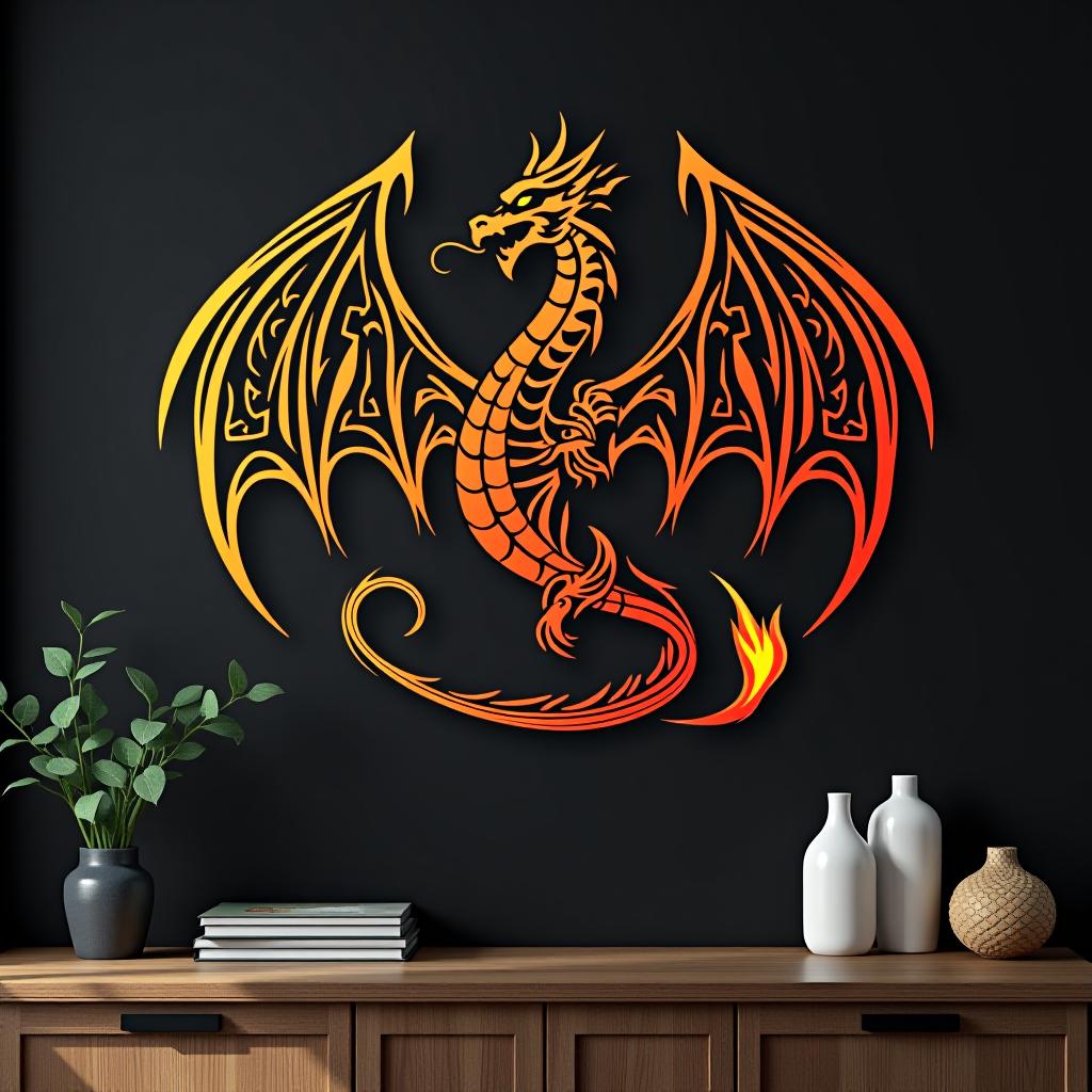  design a logo, design de sticker personnalisé sur un fond noir isolé décoré de dragons mythiques et d'une épée enflammée