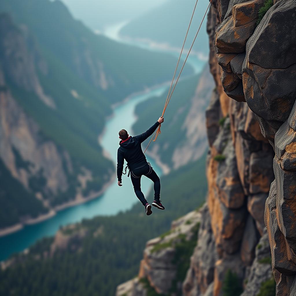  a person is hanging over a cliff, holding on with a shoelace – an advertisement for strong shoelaces.